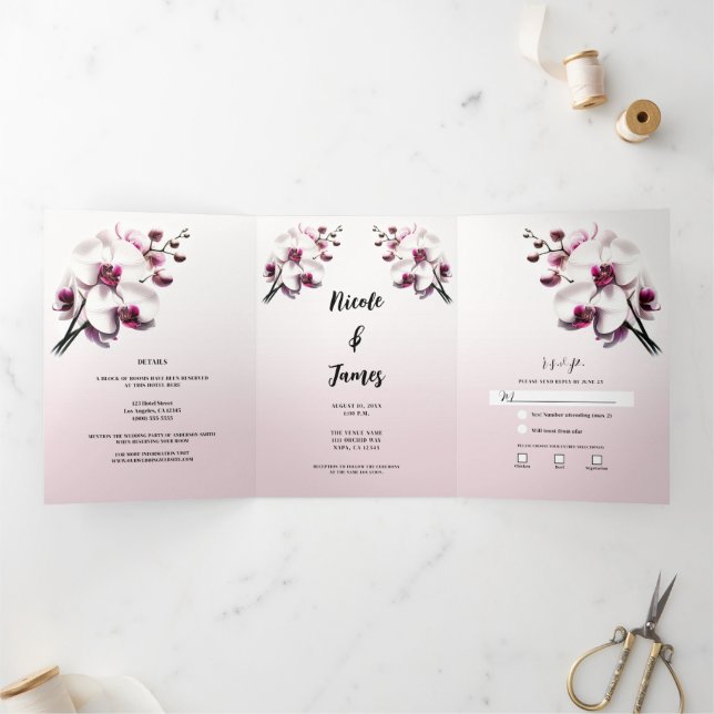 Orchid Flower Pink & White Wedding Tri-Fold Invitation (Inside)