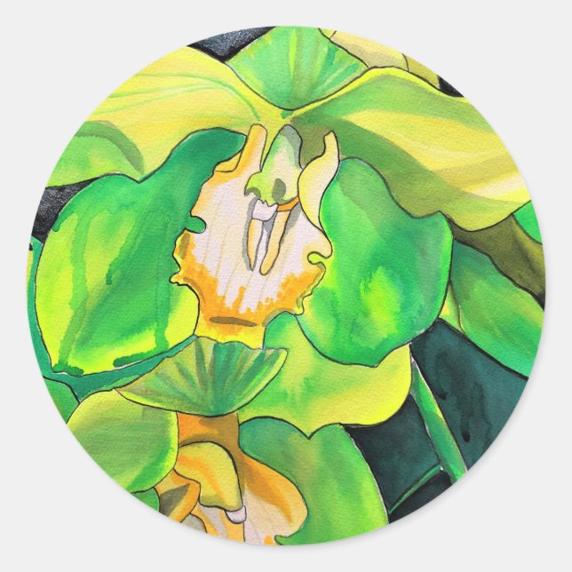 Orchid flowers green and yellow art classic round sticker (Front)