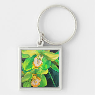 Orchid flowers green and yellow art key ring