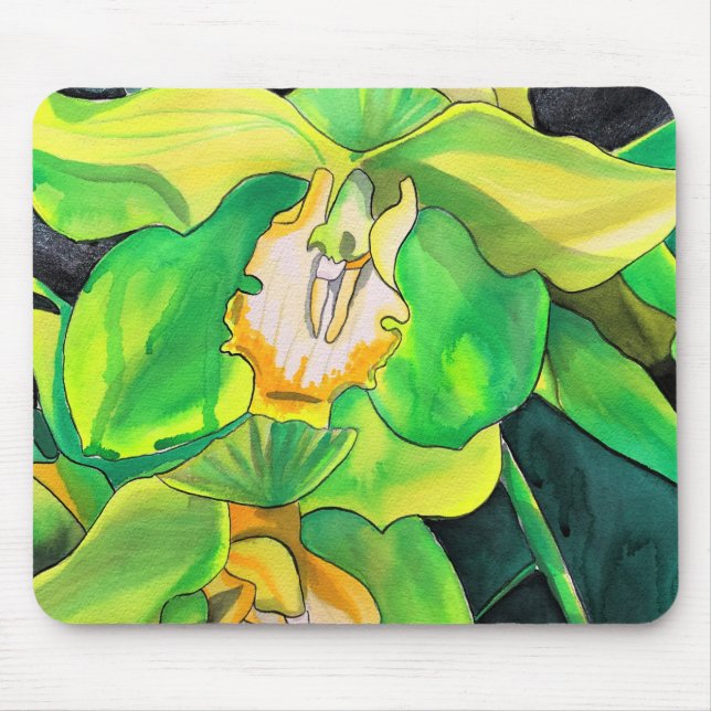 Orchid flowers green and yellow art mouse mat (Front)