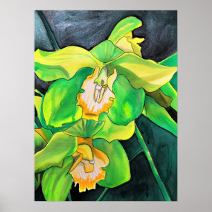 Orchid flowers green and yellow art poster