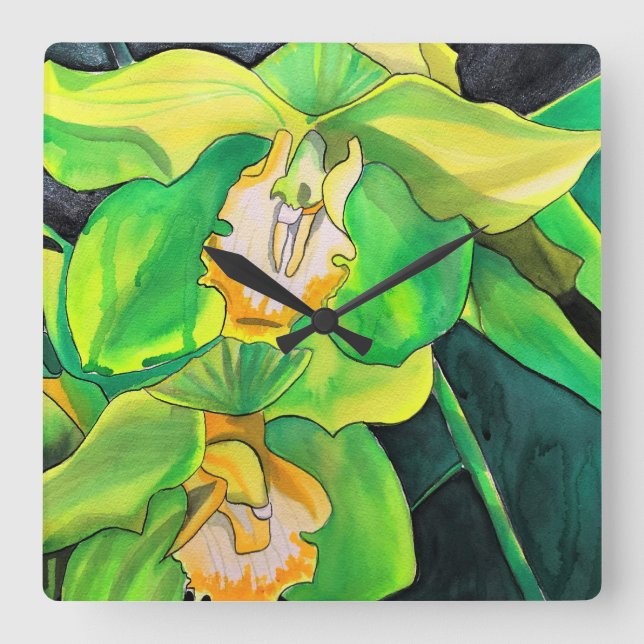 Orchid flowers green and yellow art square wall clock (Front)