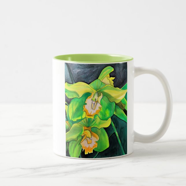 Orchid flowers green and yellow art Two-Tone coffee mug (Right)