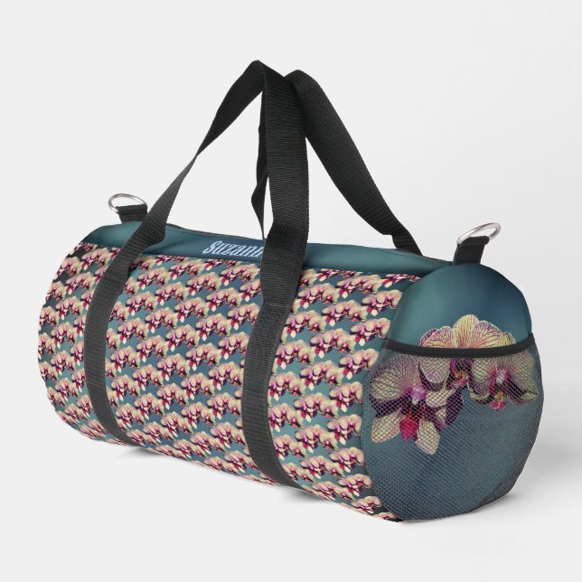 Orchid Flowers Pattern Personalised Duffle Bag (Right Corner)