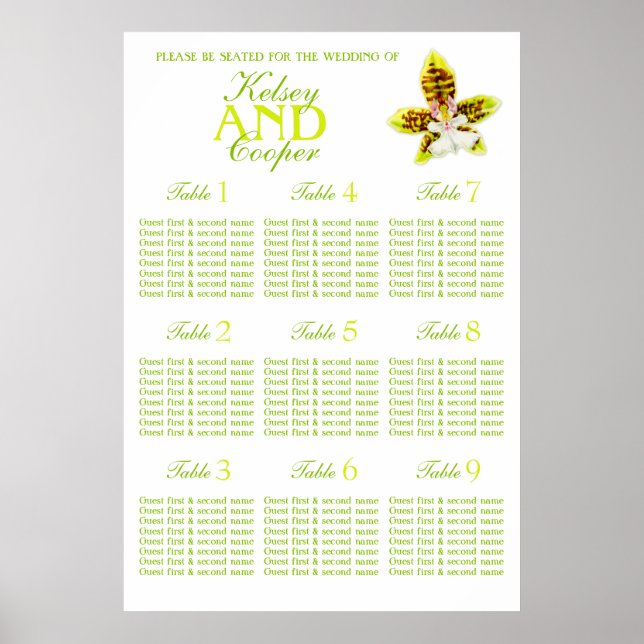 Orchid greenery Wedding Seating Table Planner 1-9 Poster (Front)