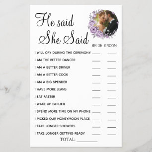 Orchid He said She Said shower game card