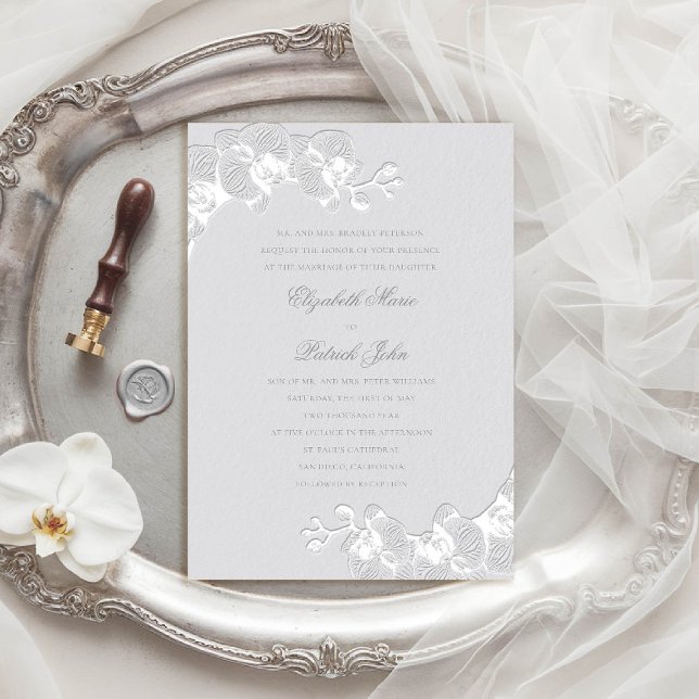 Orchid Heirloom Faux Ivory Classic Formal Wedding Invitation (orchid wedding invitation formal traditional classic parents ivory faux embossed art sketch elegant)