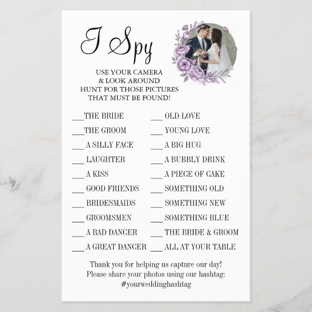 Orchid I spy wedding reception game card (Front)