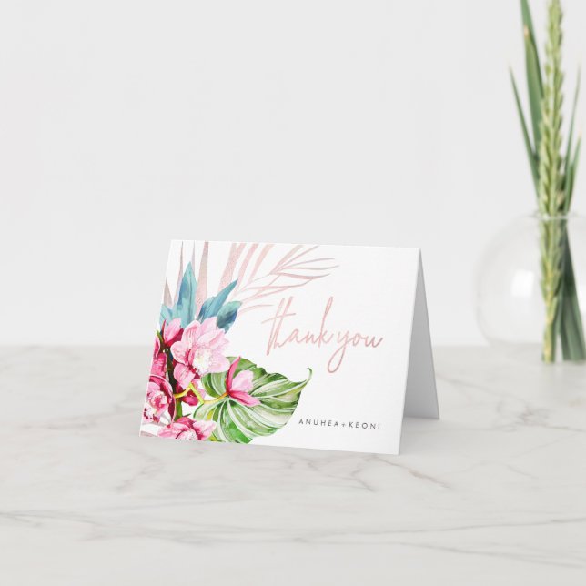 Orchid Isle, Pink+Blue Tropical Floral Thank You Card (Front)