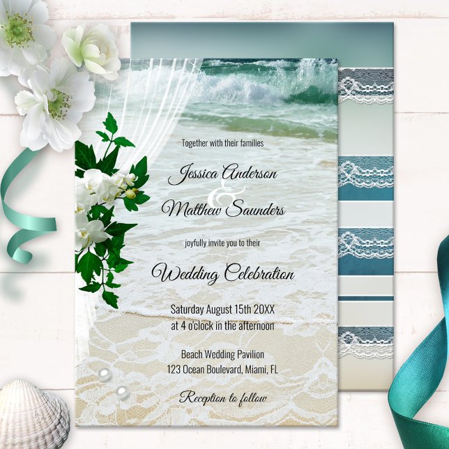 Orchid Lace Beach Destination Wedding Invitation (Wedding invitation showing orchid flowers on a veil overlooking a beach with romantic lace and pearl)