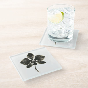 Orchid Line Drawing – Ink Floral Design on Glass Coaster
