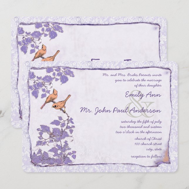 Orchid Love Bird Damask Wedding Invite (Front/Back)