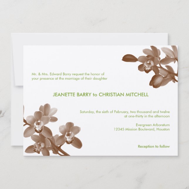 Orchid lover green ecru modern garden chic wedding invitation (Front)