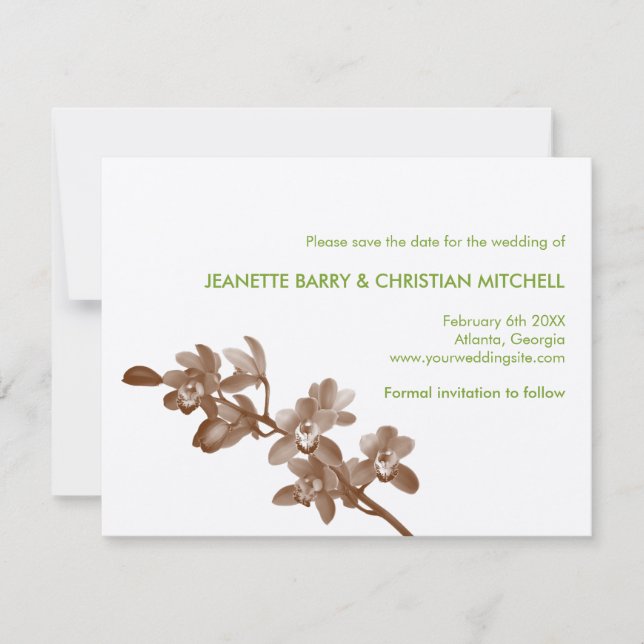 Orchid lover green modern wedding save the date (Front)