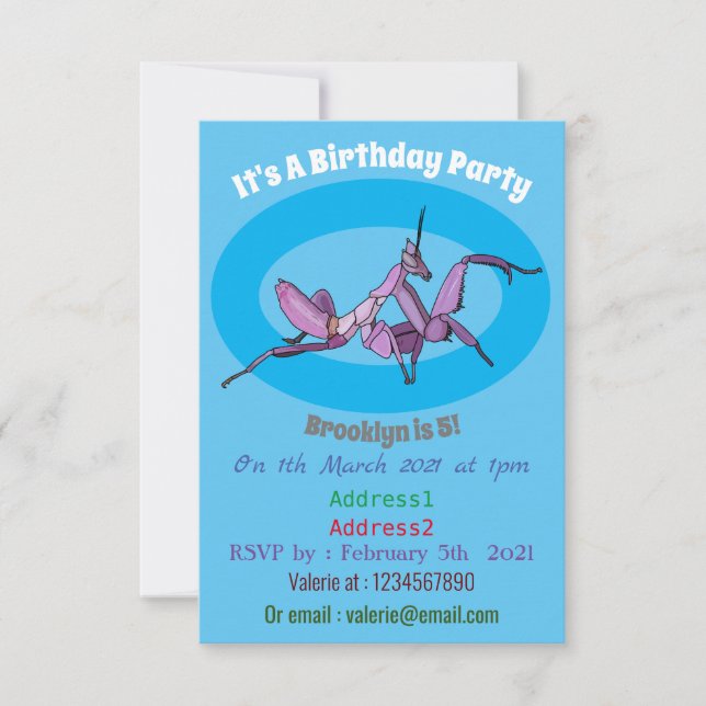 Orchid mantis cartoon illustration invitation (Front)
