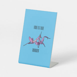 Orchid mantis cartoon illustration pedestal sign