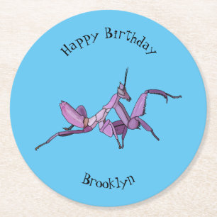 Orchid mantis cartoon illustration round paper coaster