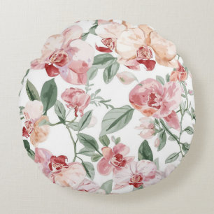 Orchid Meadow Watercolor Floral Blushing Botanical Round Cushion