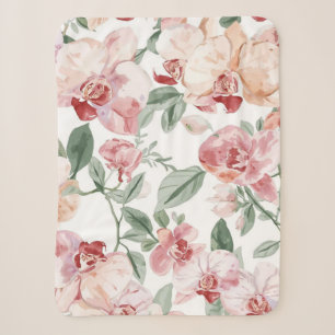Orchid Meadow Watercolor Floral Blushing Botanical Sherpa Blanket