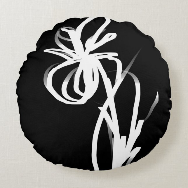 Orchid Noir: Abstract Black & White Round Cushion (Front)