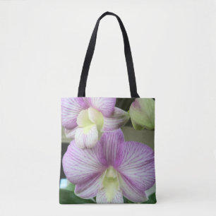 Orchid on an all over print tote bag