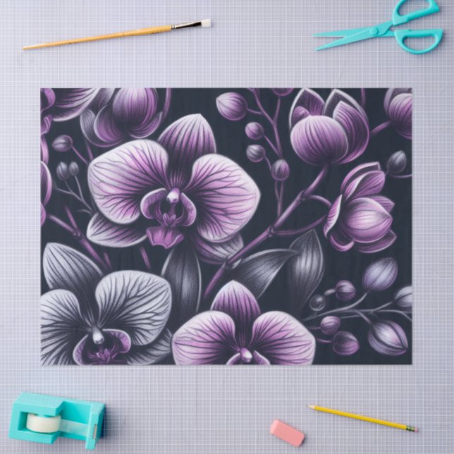Orchid Orchids Floral Black Purple Moody Decoupage Tissue Paper (Craft)