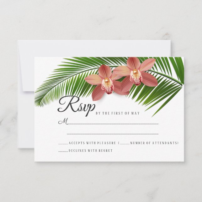 Orchid & Palm Leaf Tropical Floral Wedding RSVP (Front)