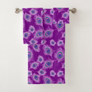 Orchid Peacock Feathers on Amethyst Purple Bath Towel Set