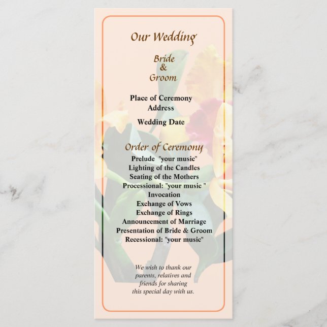 Orchid Persian Garden Wedding Program Programme (Front)