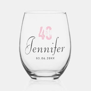 Orchid Pink Birthday Number   Black Name Date Stemless Wine Glass