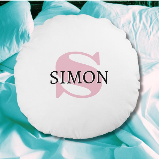 Orchid Pink Initial and Black Name | Modern  Round Cushion (Creator Uploaded)