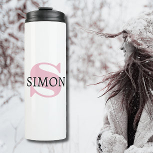 Orchid Pink Initial and Black Name Modern Thermal Tumbler
