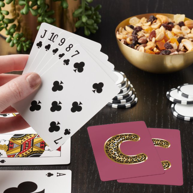 Orchid Pink Leopard Print Letter C Playing Cards (In Situ)