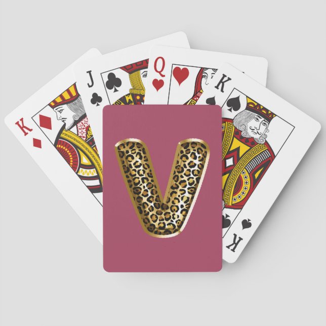 Orchid Pink Leopard Print Letter V Playing Cards (Back)
