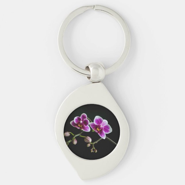 Orchid pink white colour on black pale gentle  key ring (Front)