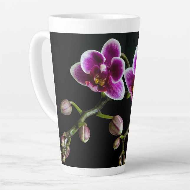 Orchid pink white colour on black pale gentle  latte mug (Left Angle)