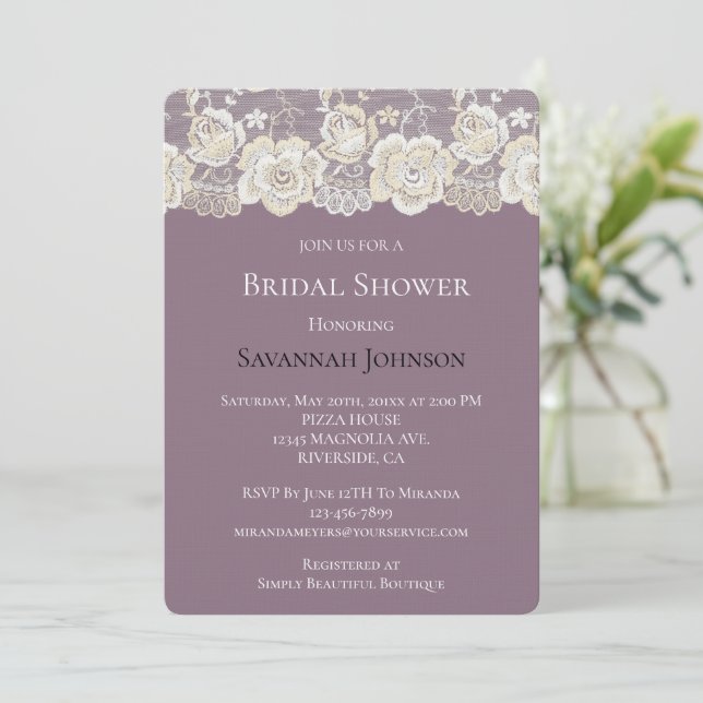 Orchid Purple White Lace Floral Bridal Shower Invitation (Standing Front)