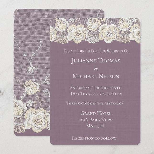 Orchid Purple White Lace Floral Romantic Wedding Invitation (Front/Back)