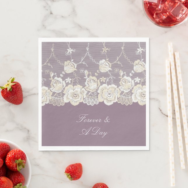 Orchid Purple White Lace Floral Wedding Napkin (Insitu)