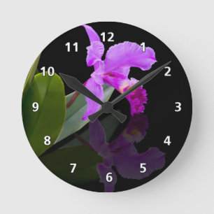 Orchid Reflections on Black Round Clock