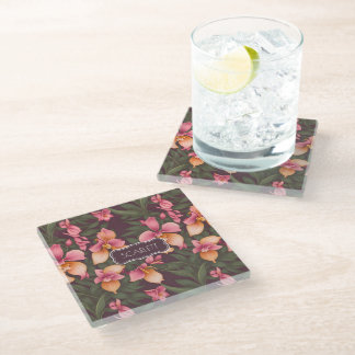 Orchid Retro Colourful Personalised Pattern Glass Coaster