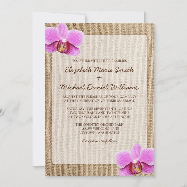 Orchid Rustic Burlap Wedding Invitations (Front)