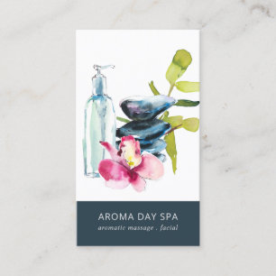 ORCHID STONE NAVY WATERCOLOR SPA MASSAGE THERAPY BUSINESS CARD