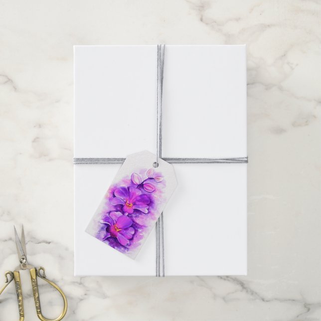 Orchid stylised purple named wedding gift tag (With Twine)