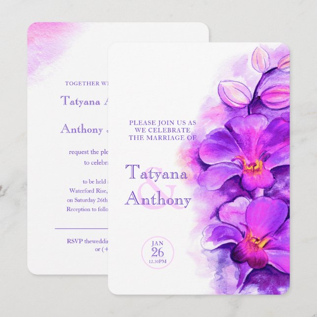 Orchid stylised watercolor purple wedding invitation (Front/Back)