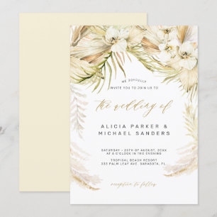 Orchid tropical bohemian gold pampas grass wedding invitation