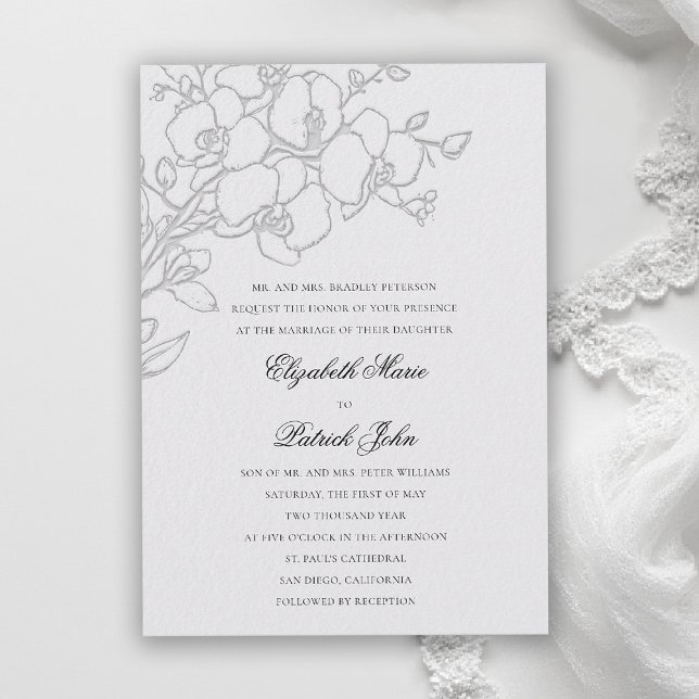 Orchid Veil Formal Traditional Ivory Wedding Invitation (orchid wedding invitation ivory veil formal modern classic traditional black tie parents hosting)