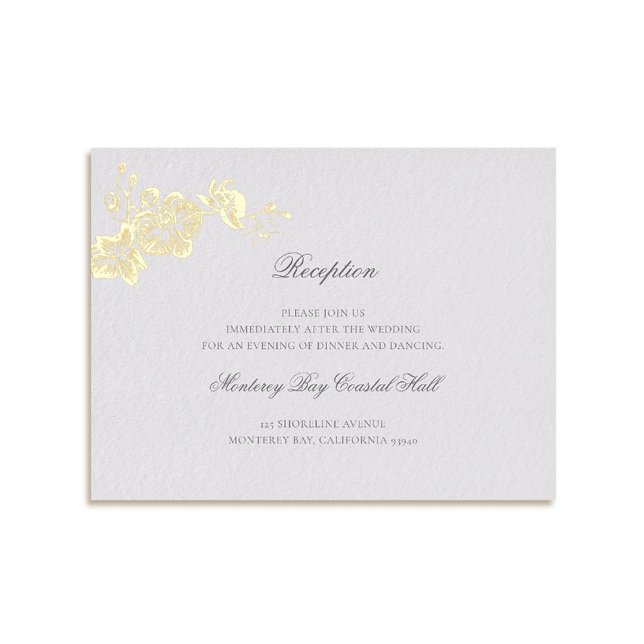 Orchid Vows Ivory Formal Classic Wedding Reception Foil Holiday Postcard (formal wedding reception card orchids gold foil modern classic traditional art ivory elegant)