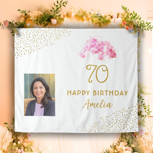 Orchid Watercolor Gold Glitter 70th Birthday Photo Tapestry (Creator Uploaded)