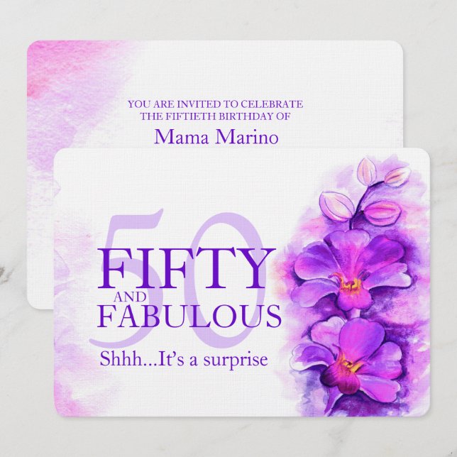 Orchid watercolor purple mauve fifty and fabulous invitation (Front/Back)